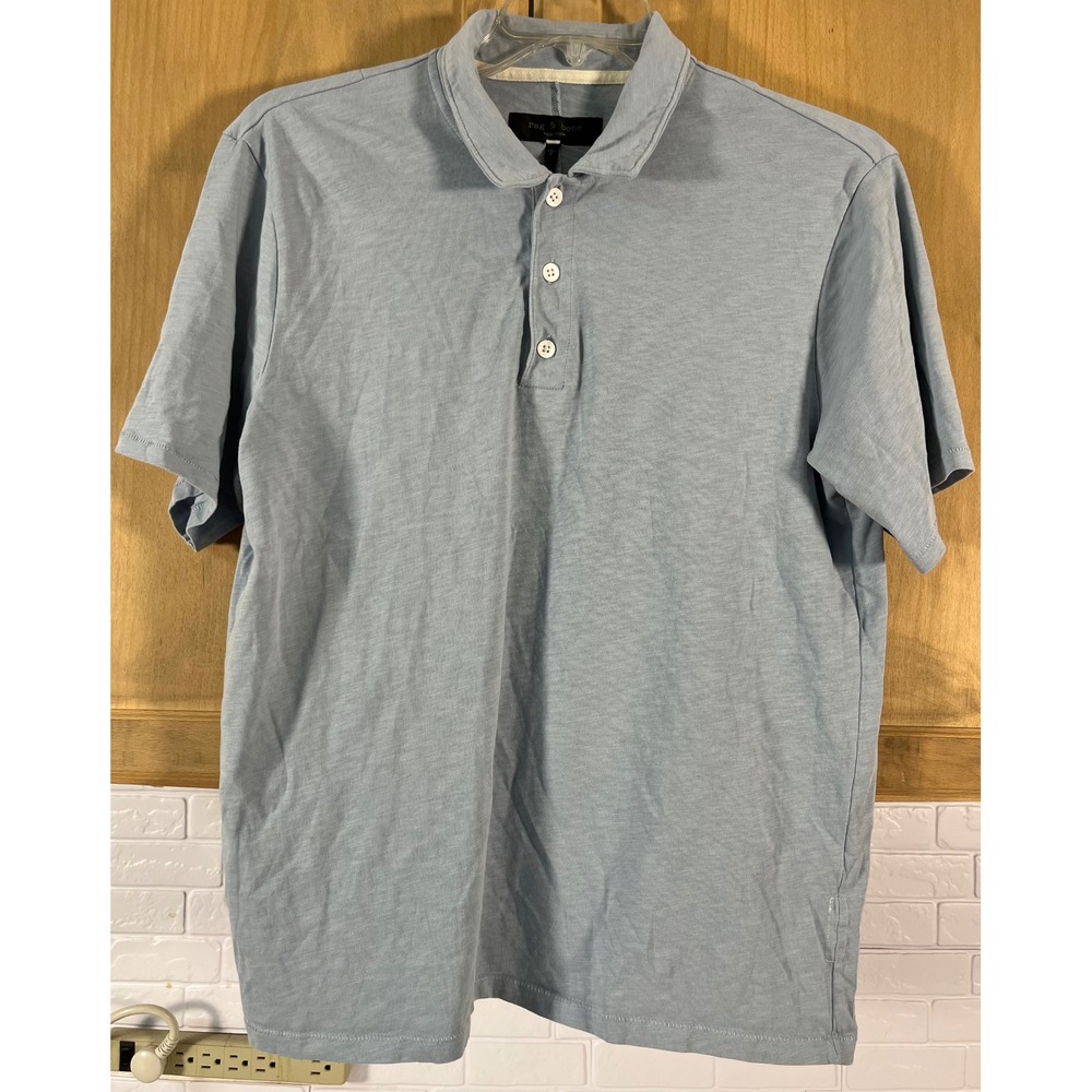 Rag & Bone Polo Shirt Mens Large Blue Short Sleeve Slub Knit Casual Top